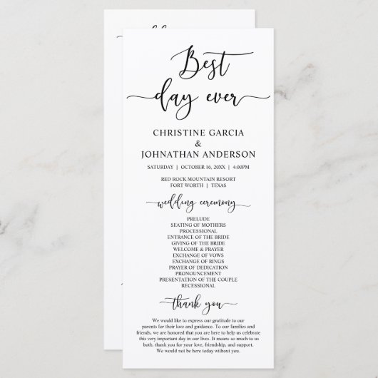 Elegant Black Script, Ons Wedding Ceremonieprogram Programmakaart (Voorkant / Achterkant)