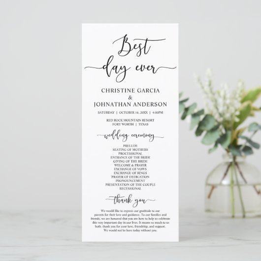 Elegant Black Script, Ons Wedding Ceremonieprogram Programmakaart (Staand voorkant)