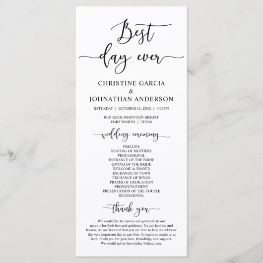 Elegant Black Script, Ons Wedding Ceremonieprogram Programmakaart (Voorkant)