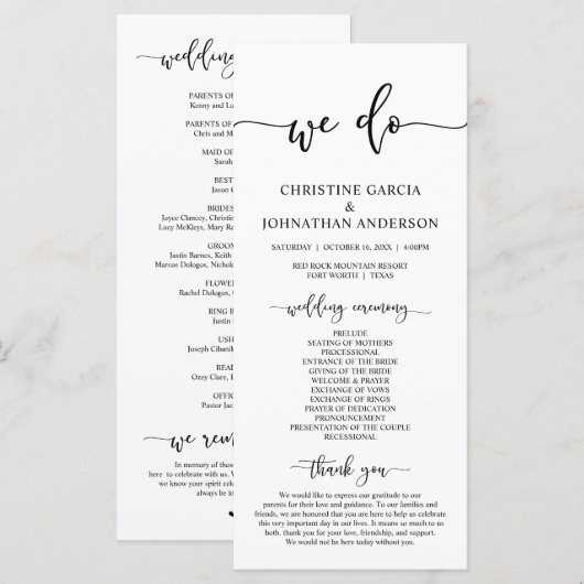 Elegant Black Script, Ons Wedding Ceremonieprogram Programmakaart (Voorkant / Achterkant)