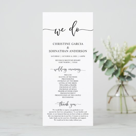 Elegant Black Script, Ons Wedding Ceremonieprogram Programmakaart (Staand voorkant)