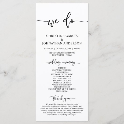 Elegant Black Script, Ons Wedding Ceremonieprogram Programmakaart (Voorkant)