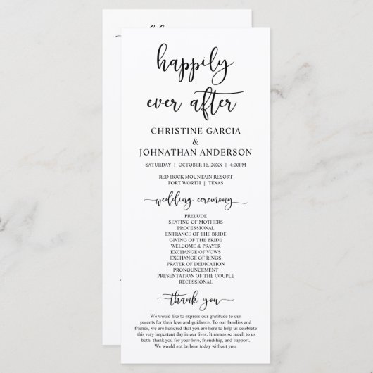 Elegant Black Script, Ons Wedding Ceremonieprogram Programmakaart (Voorkant / Achterkant)