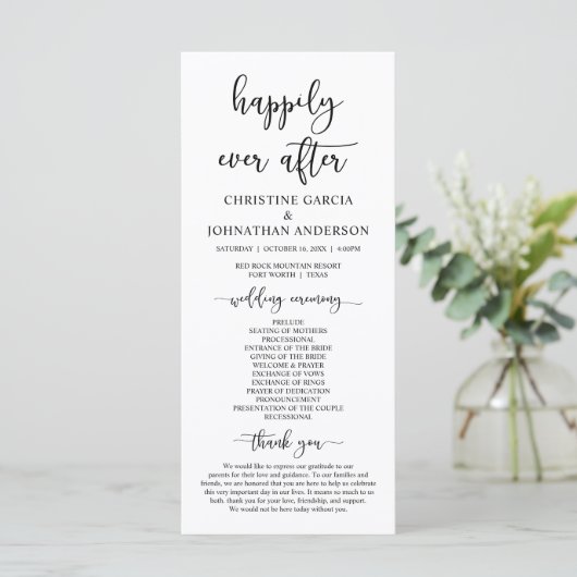 Elegant Black Script, Ons Wedding Ceremonieprogram Programmakaart (Staand voorkant)