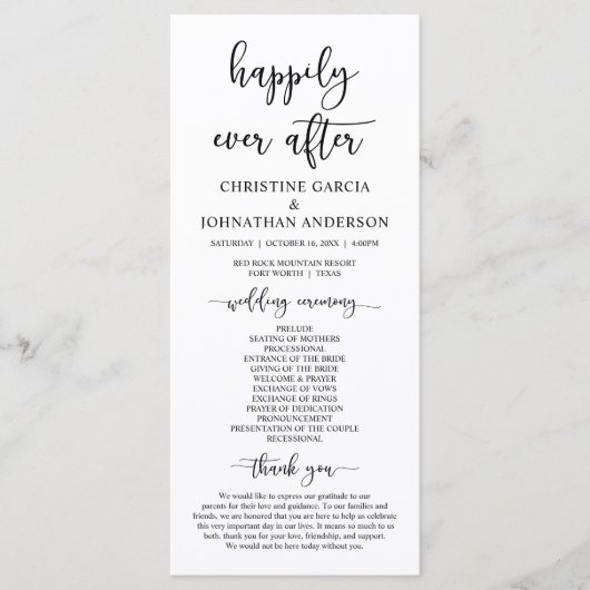 Elegant Black Script, Ons Wedding Ceremonieprogram Programmakaart (Voorkant)