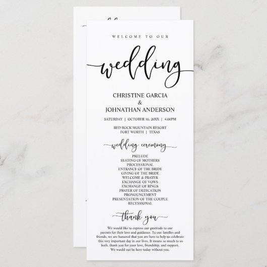 Elegant Black Script, onze huwelijksceremonie Programmakaart (Voorkant / Achterkant)