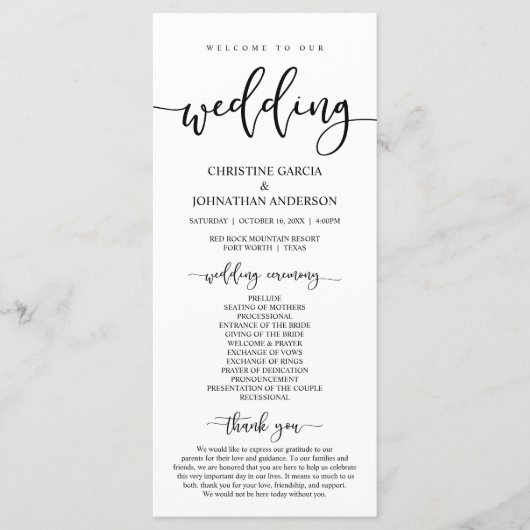 Elegant Black Script, onze huwelijksceremonie Programmakaart (Voorkant)