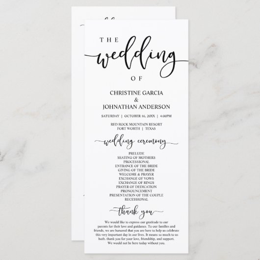 Elegant Black Script, onze huwelijksceremonie Programmakaart (Voorkant / Achterkant)