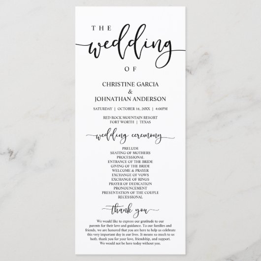 Elegant Black Script, onze huwelijksceremonie Programmakaart (Voorkant)