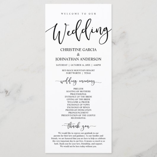 Elegant Black Script, onze huwelijksceremonie Programmakaart (Voorkant)