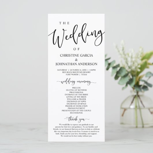 Elegant Black Script, onze huwelijksceremonie Programmakaart (Staand voorkant)