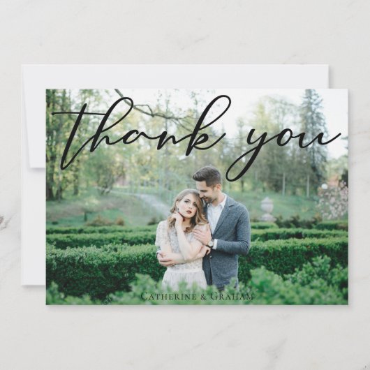 Elegant Black Script Overlay Weddenfoto Bedankkaart (Voorkant)
