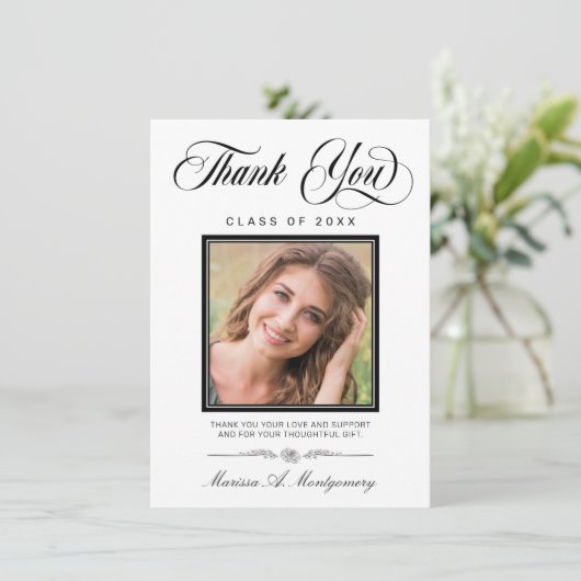 Elegant Black Script Photo Afstuderen Bedankkaart (Staand voorkant)