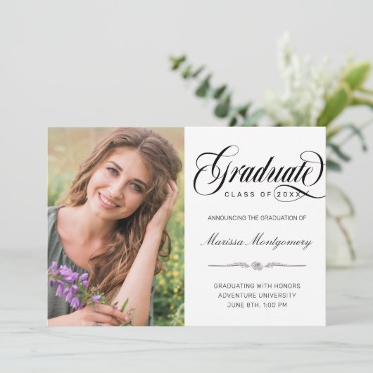 Elegant Black Script Photo College Graduing Aankondiging (Staand voorkant)