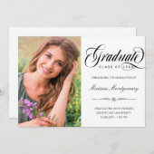 Elegant Black Script Photo College Graduing Aankondiging (Voorkant / Achterkant)