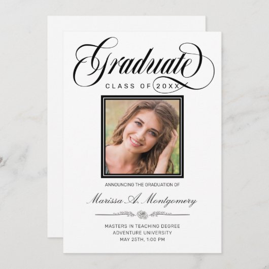 Elegant Black Script Photo College Graduing Aankondiging (Voorkant / Achterkant)