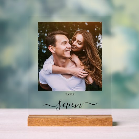 Elegant Black Script Photo Table Number Acryl Bord (Neutraal)