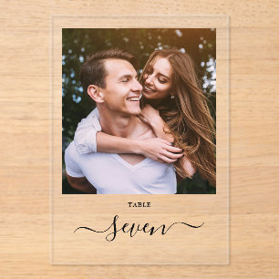 Elegant Black Script Photo Table Number Acryl Uitnodigingen
