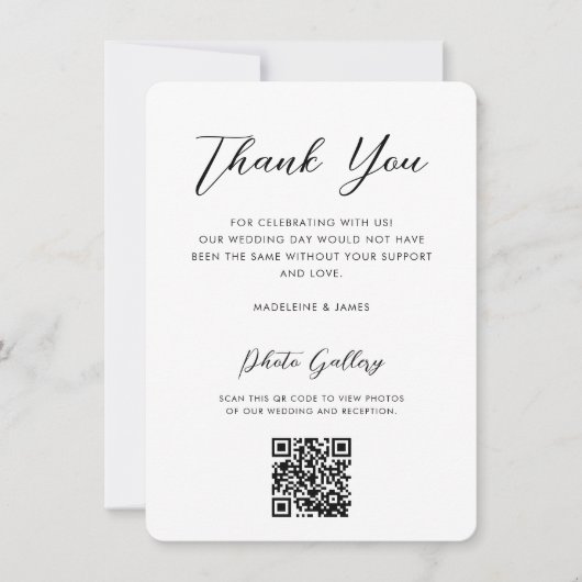 Elegant Black Script QR Code Photo Gallery Weddens Bedankkaart (Voorkant)