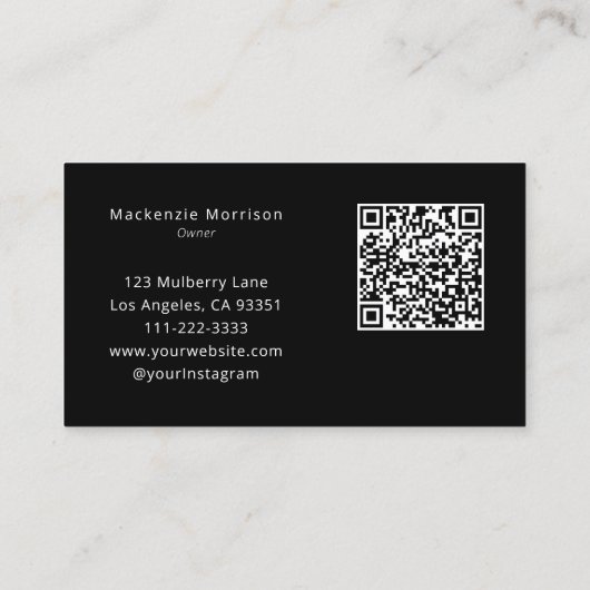 Elegant Black Script QR Code Photo Makeup Visitekaartje (Achterkant)