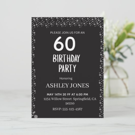 Elegant Black Script Silver Birthday Invitation Kaart (Staand voorkant)