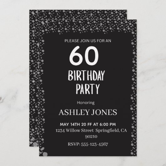 Elegant Black Script Silver Birthday Invitation Kaart (Voorkant / Achterkant)