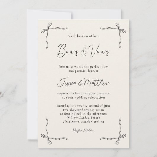 Elegant Black Script Simple Coquette Bow Wedding I Kaart (Voorkant)
