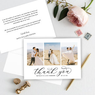 Elegant Black Script Specialized 3 Photo Wedding Bedankkaart