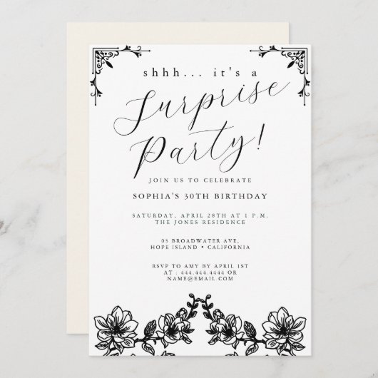 Elegant Black Script Surprise Party Kaart (Voorkant / Achterkant)