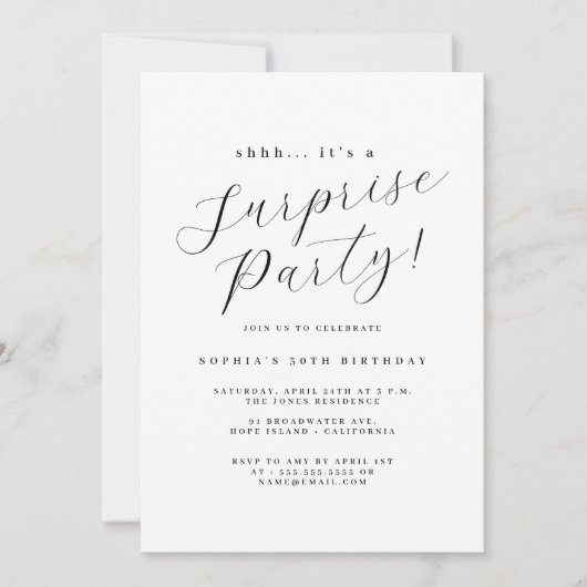 Elegant Black Script Surprise Party Kaart (Voorkant)