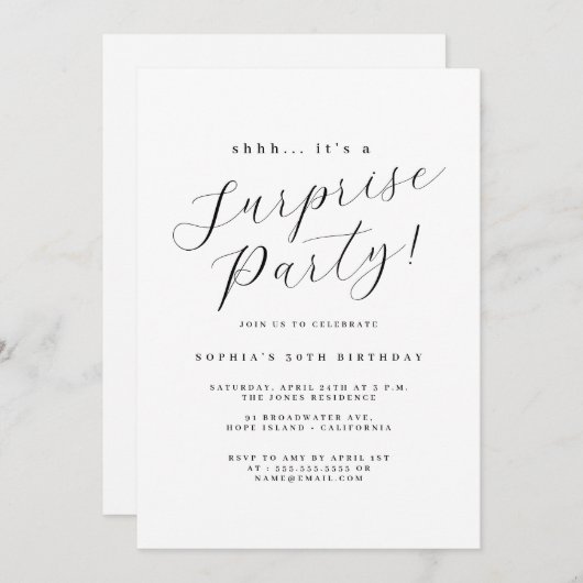 Elegant Black Script Surprise Party Kaart (Voorkant / Achterkant)