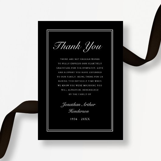 Elegant Black Script Sympathy Funeral Bedankkaart