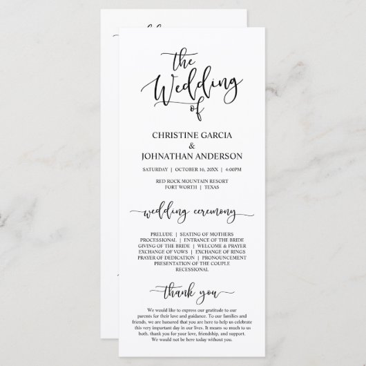 Elegant Black Script, Wedding Ceremonie Programmakaart (Voorkant / Achterkant)