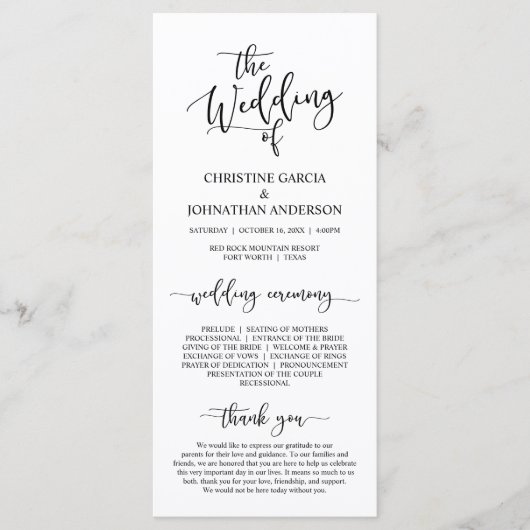Elegant Black Script, Wedding Ceremonie Programmakaart (Voorkant)