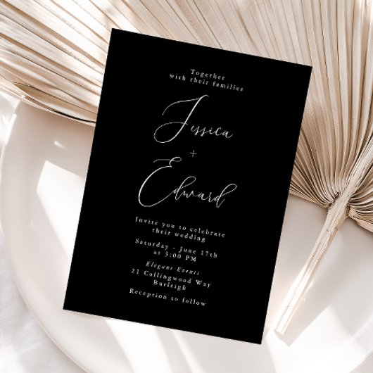 Elegant Black Script Wedding Invitation Kaart