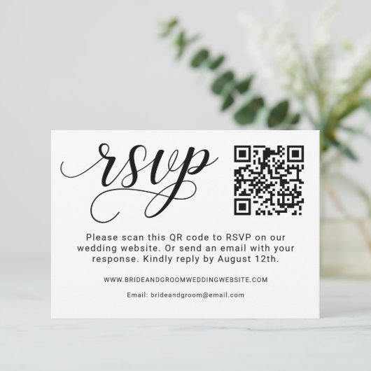 Elegant Black Script Weduwen QR-code RSVP Kaartje (Staand voorkant)