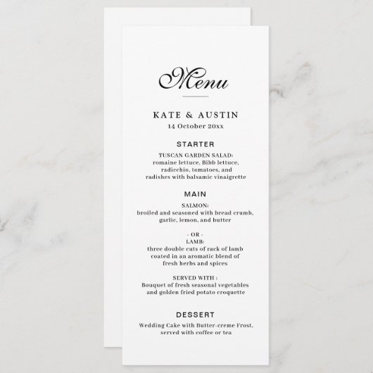 elegant black script white wedding menu card (Voorkant / Achterkant)