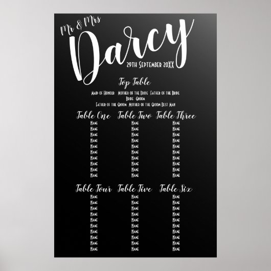 Elegant Black Seating Chart Poster (Voorkant)