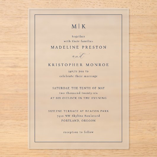 Elegant Black Serif Wedding Invitation Acryl Uitnodigingen (Voorkant)