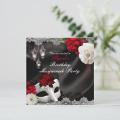 Elegant Black Silk Floral & Lace Masquerade Party Kaart (Staand voorkant)