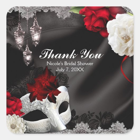 Elegant Black Silk Floral & Lace Masquerade Party Vierkante Sticker (Voorkant)