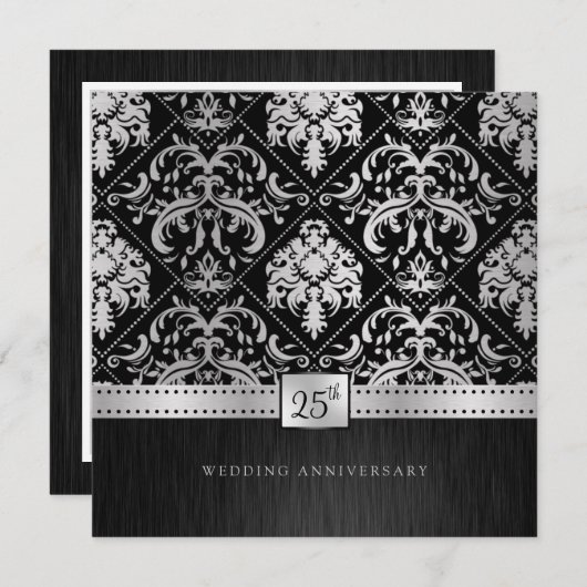 Elegant Black & Silver 25th Wedding Jubileum Kaart (Voorkant / Achterkant)