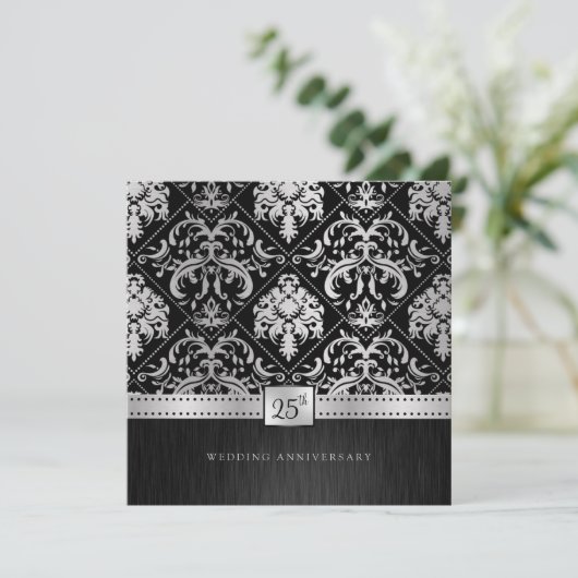 Elegant Black & Silver 25th Wedding Jubileum Kaart (Staand voorkant)