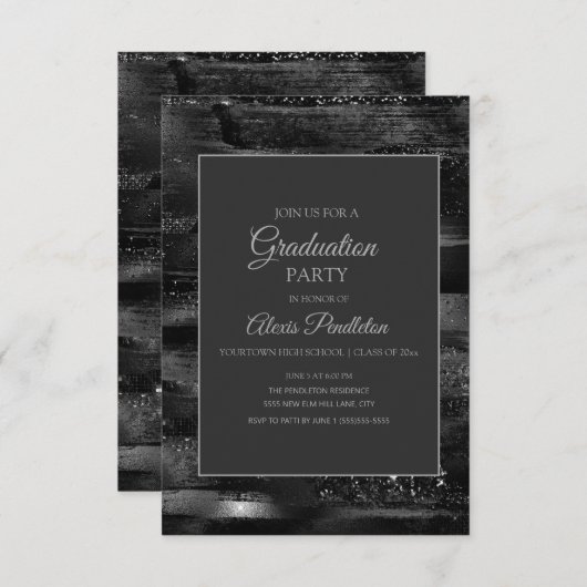 Elegant Black Silver Afstuderen Kaart (Voorkant / Achterkant)