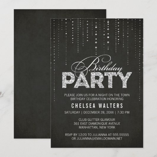 Elegant Black & Silver Birthday Party Kaart (Voorkant / Achterkant)