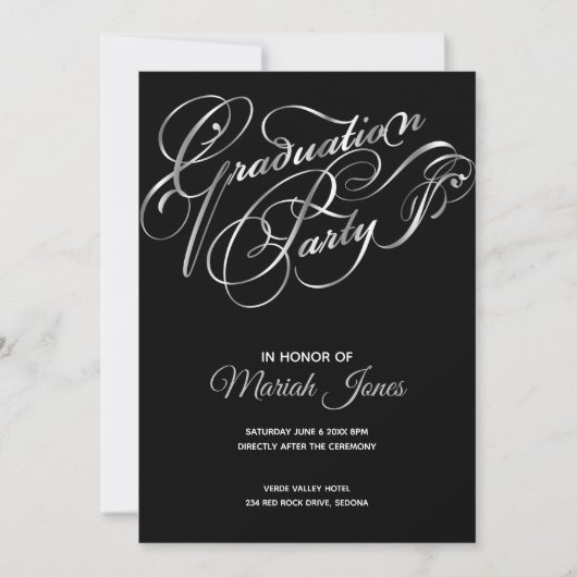 Elegant Black - Silver Calligraphy Graduation Part Kaart (Voorkant)
