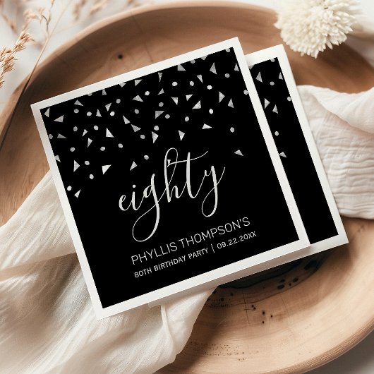 Elegant Black Silver Confetti 80th Birthday Party Servet