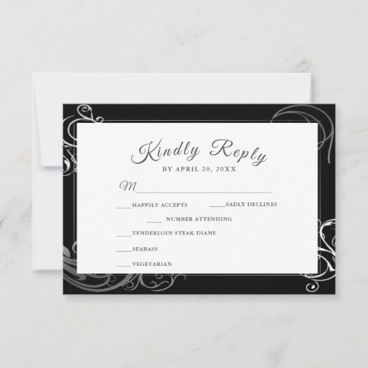 Elegant Black Silver Curls Wedding Dinner Choice RSVP Kaartje (Voorkant)