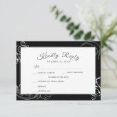 Elegant Black Silver Curls Wedding Dinner Choice RSVP Kaartje (Staand voorkant)
