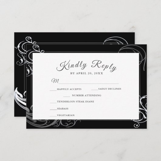 Elegant Black Silver Curls Wedding Dinner Choice RSVP Kaartje (Voorkant / Achterkant)